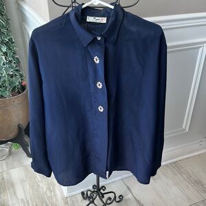 Rapha Dark Blue Women's Button Down Shirt with Floral Accents